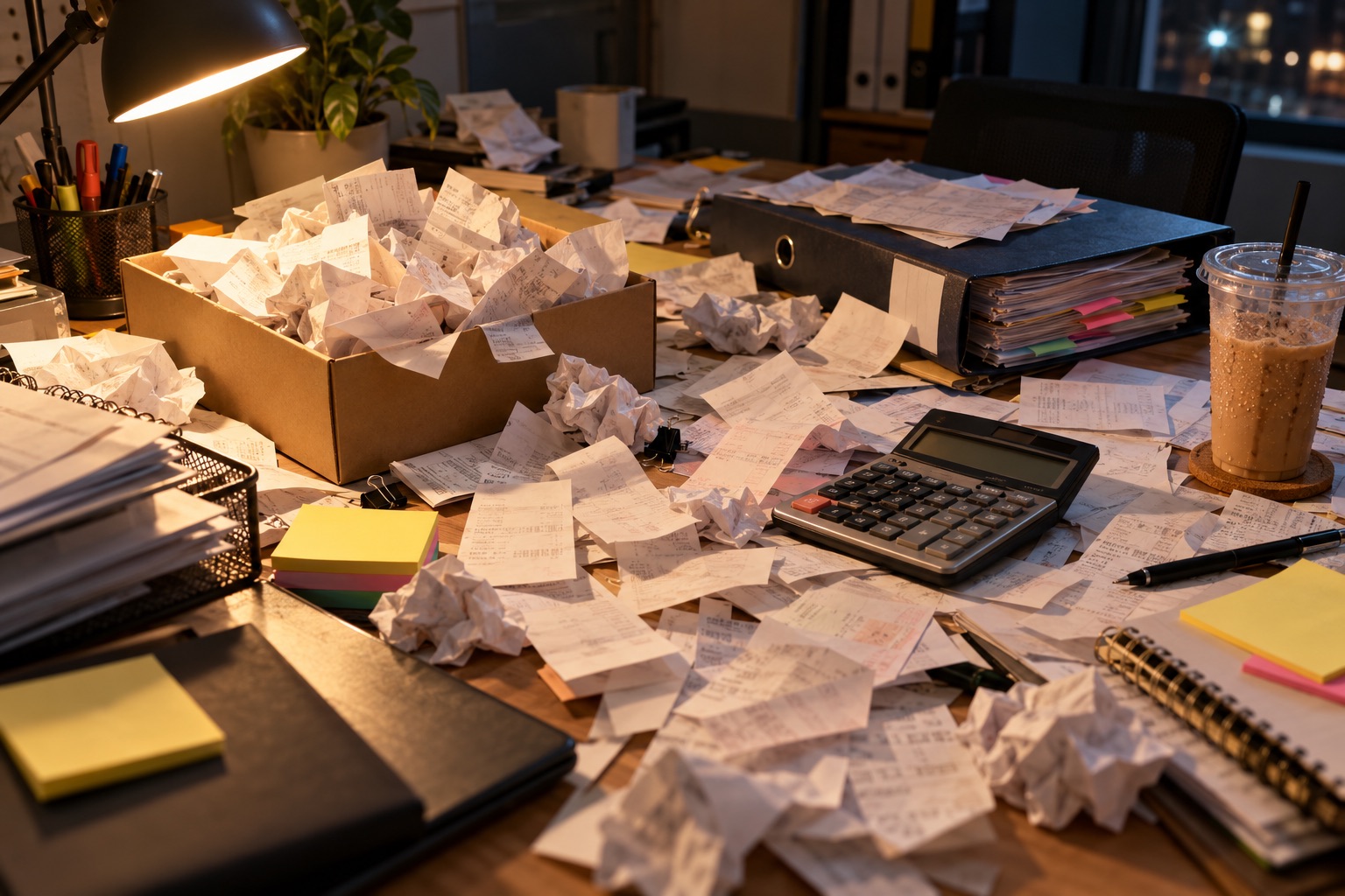 A messy desk covered in paper receipts and a calculator