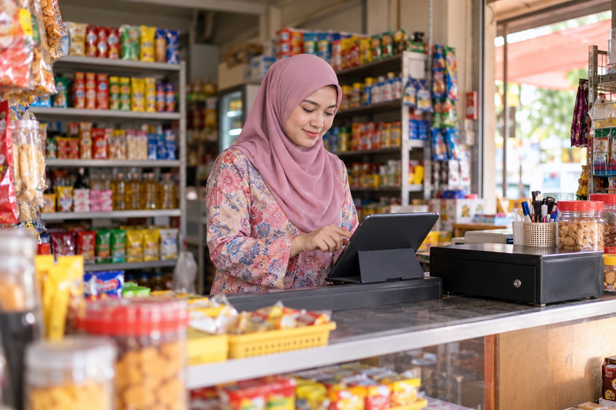 Malay shop owner at a retail counter with a tablet