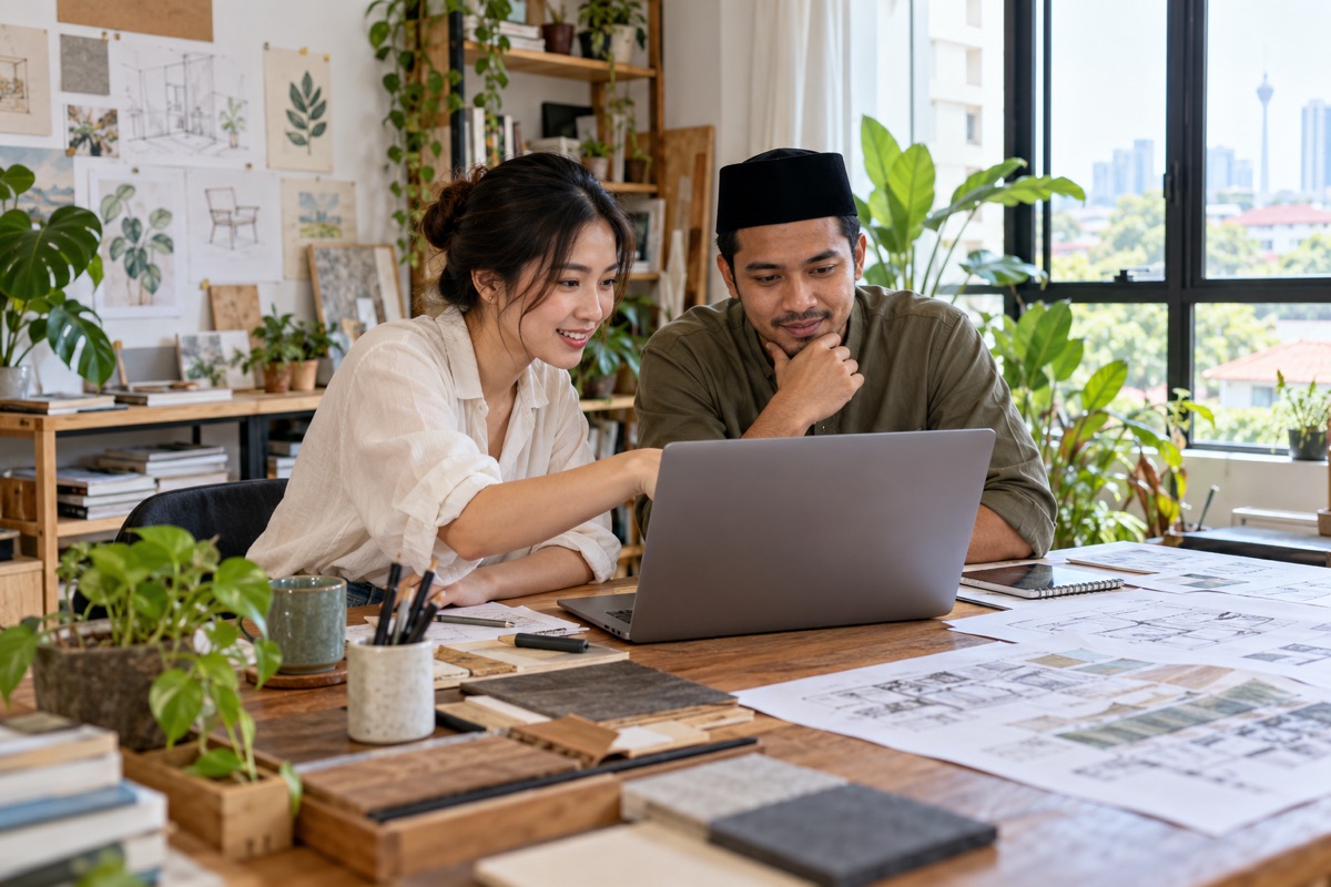 Two people reviewing a laptop in a small studio
