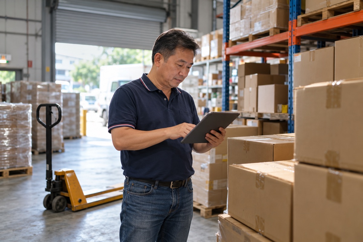 Trading company owner checking stock with a tablet
